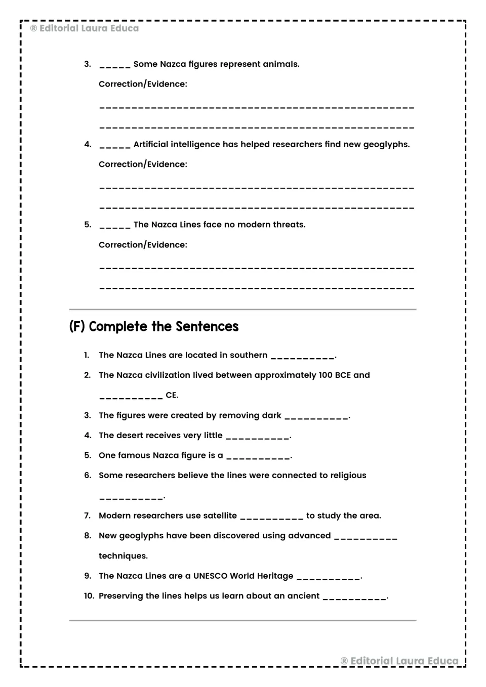 Nazca Lines practice continues with three true-or-false statements and ten sentences to complete using the passage.