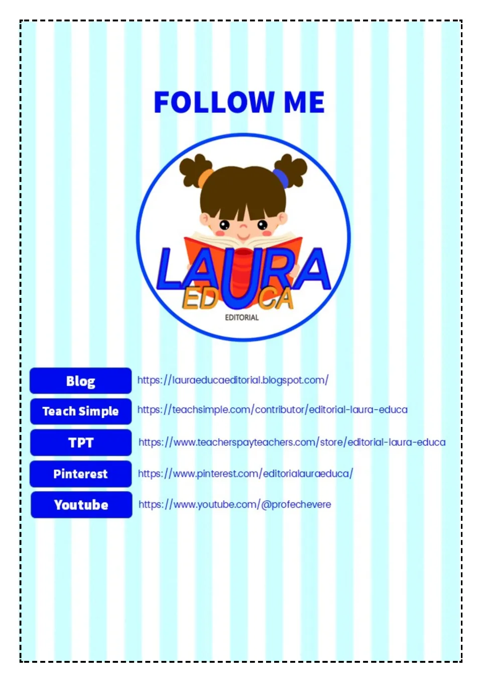 Author promotional page for the reading minibook lists Editorial Laura Educa's blog, stores, and social channels.