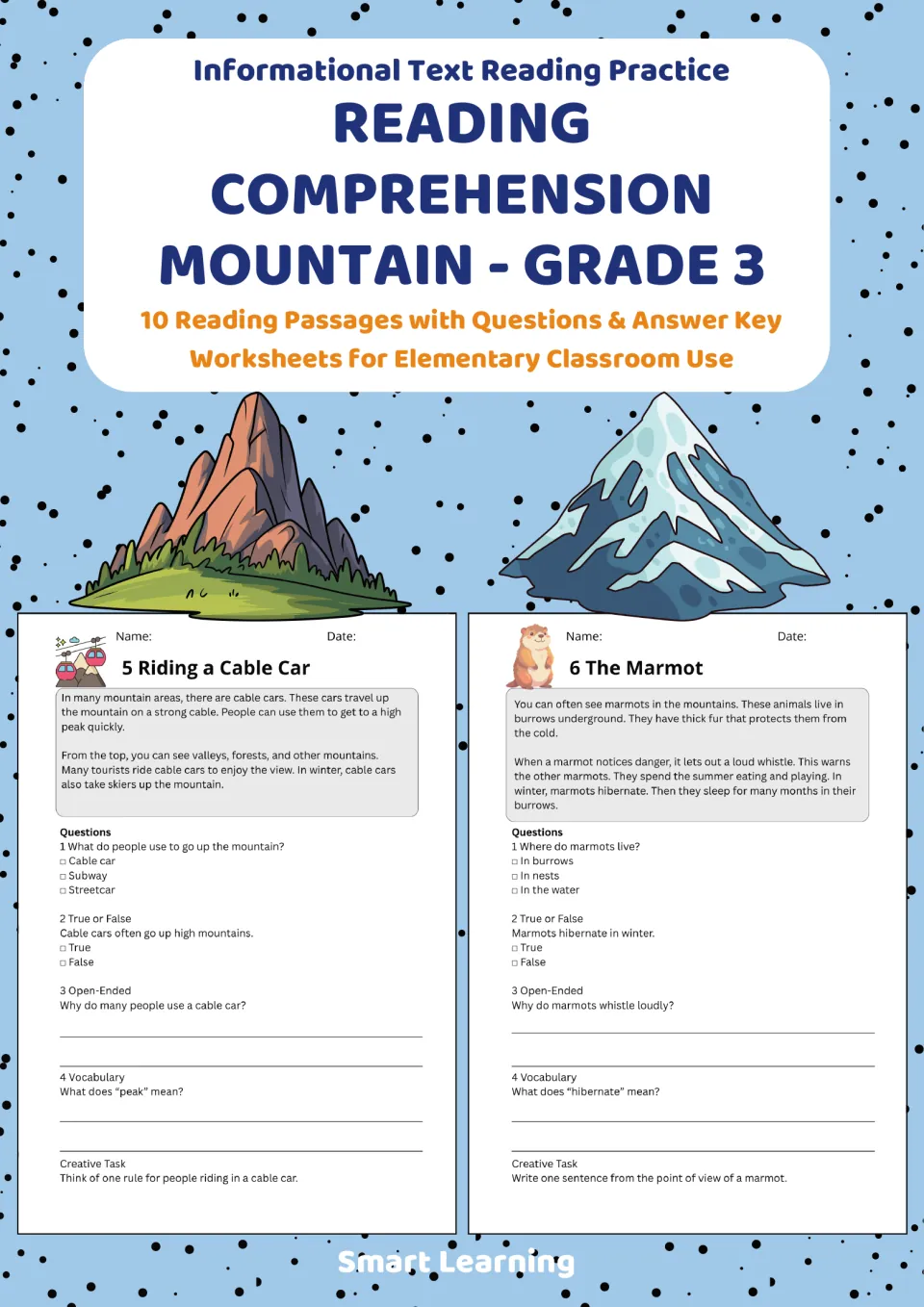 Cover of the grade 3 mountain reading packet advertising 10 passages, questions, and an answer key