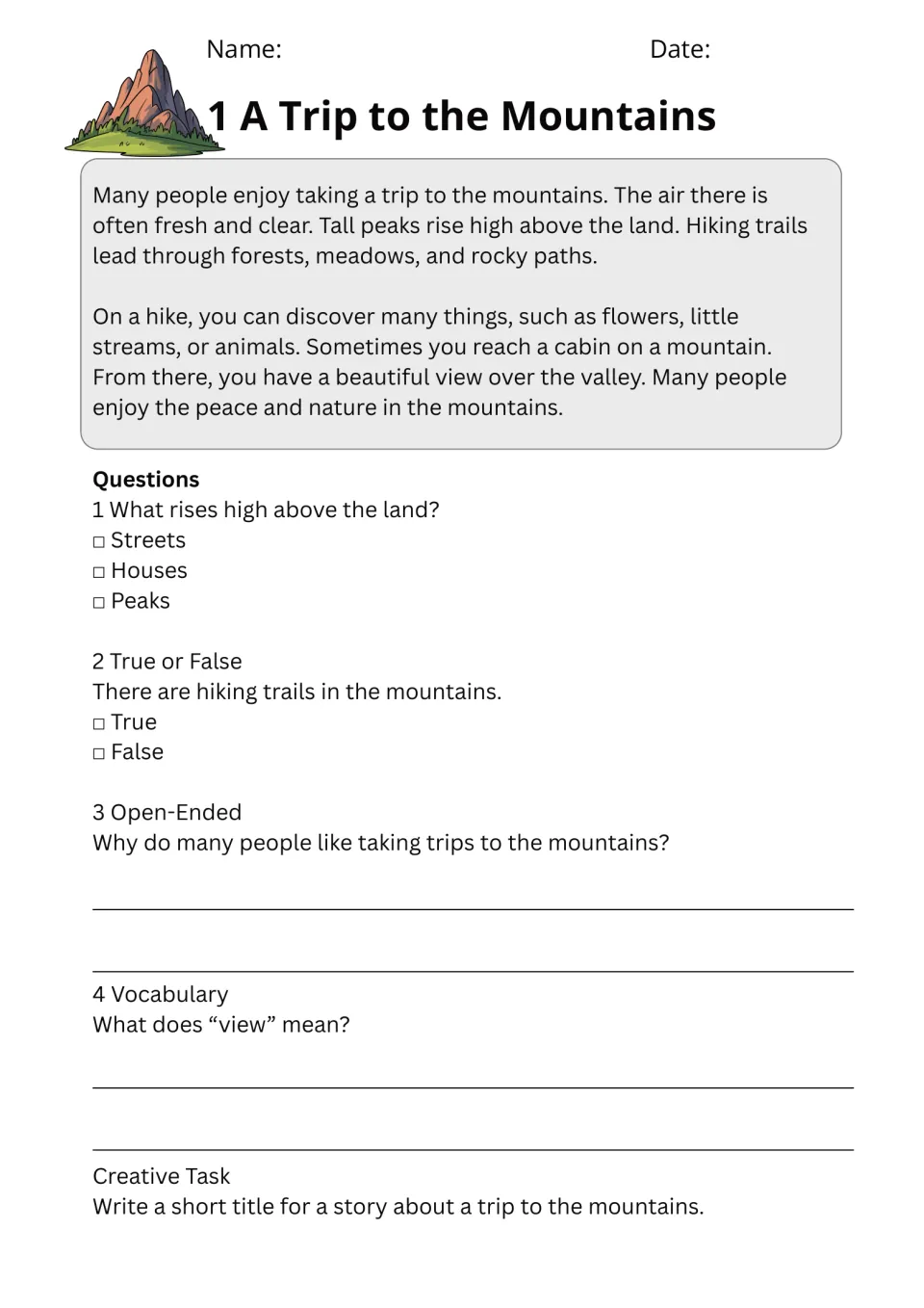 Passage 1, A Trip to the Mountains, has five exercises about peaks, hiking trails, views, and a story title