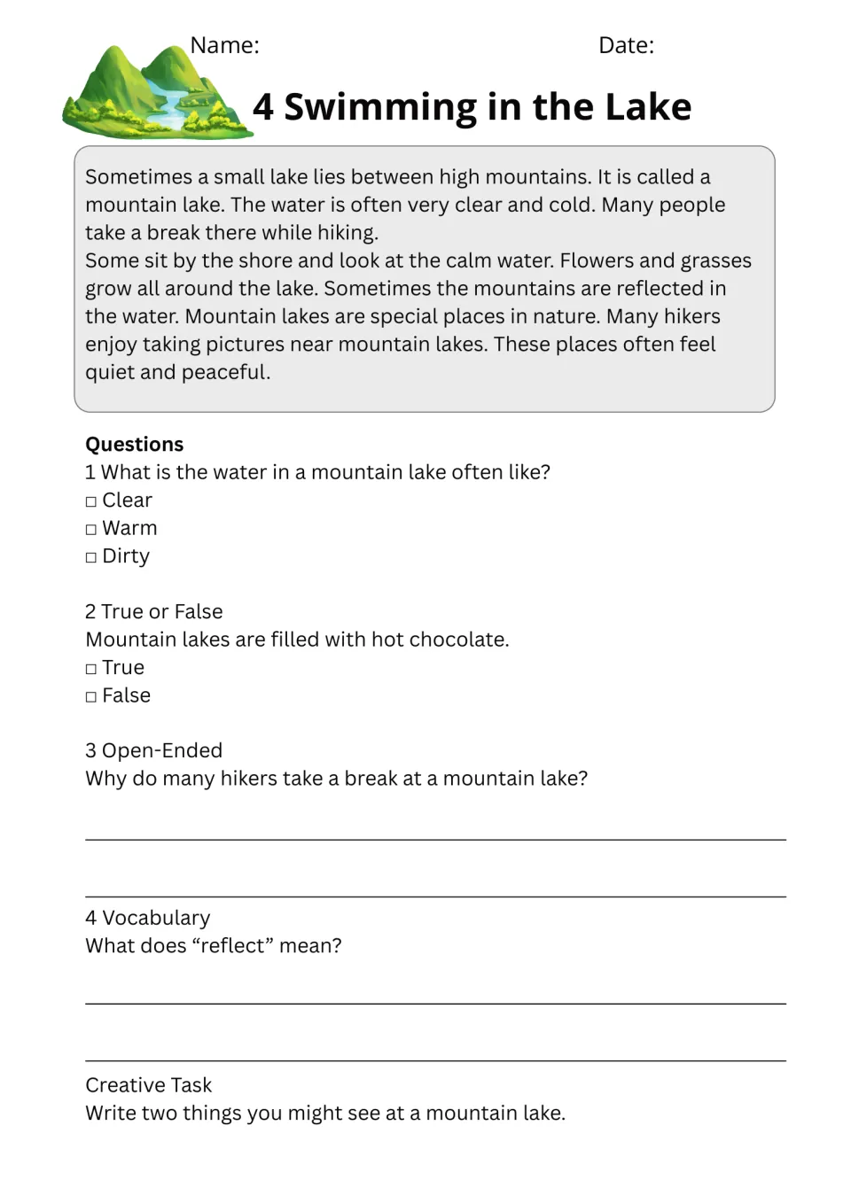 Passage 4, Swimming in the Lake, has five exercises about clear mountain water, hikers, and reflections