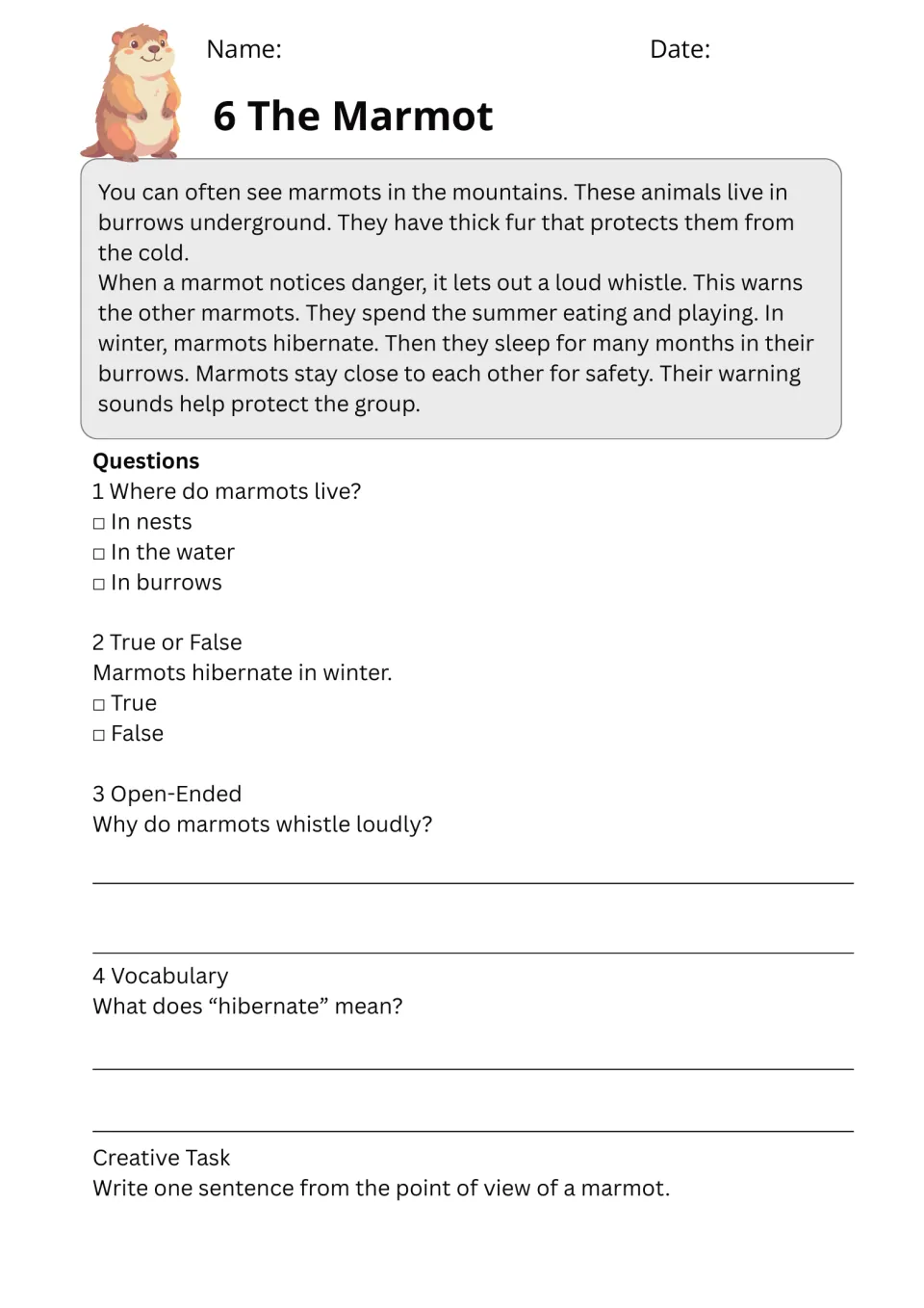 Passage 6, The Marmot, has five exercises about burrows, hibernation, whistles, and a marmot's point of view