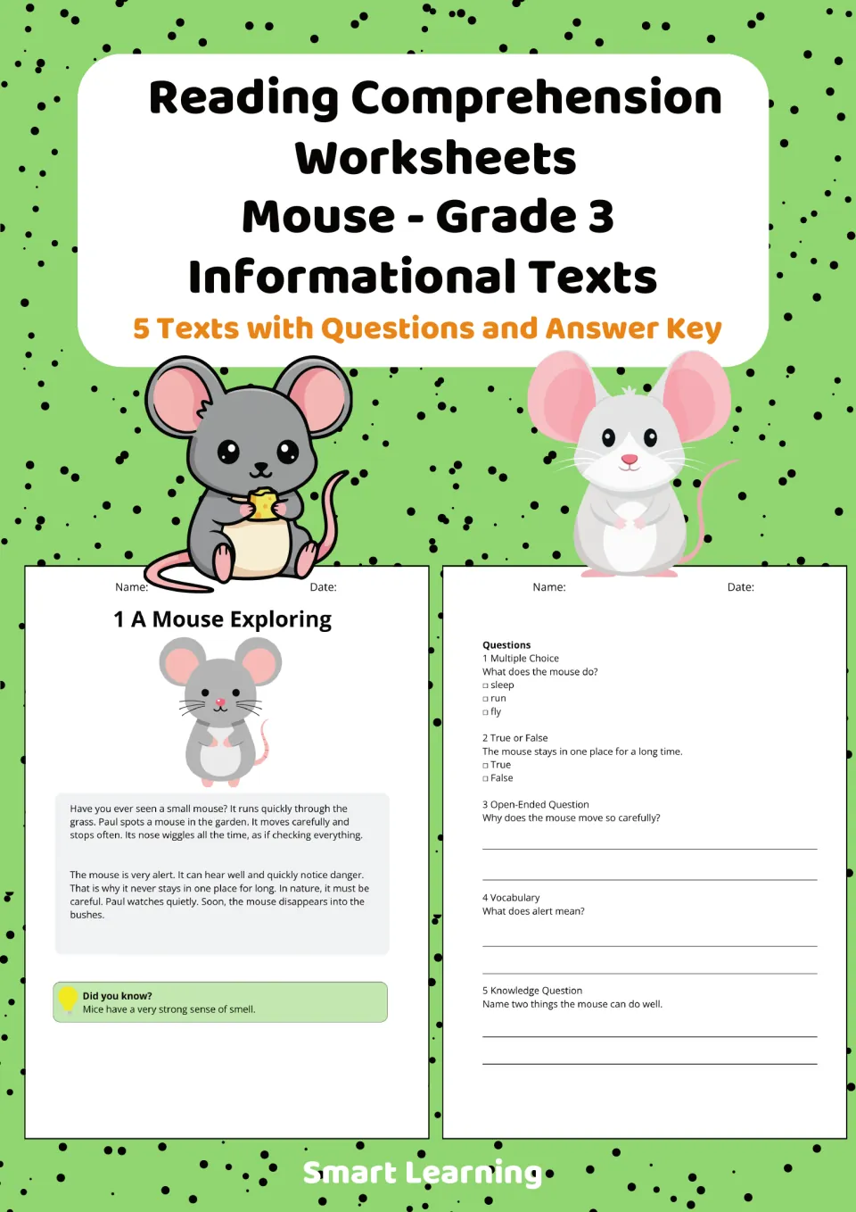 Cover of the Grade 3 mouse reading packet announcing five informational texts with questions and an answer key