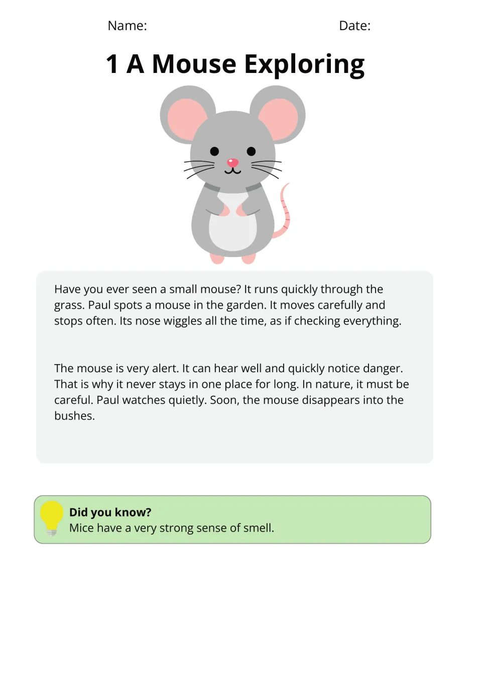 Passage 1, A Mouse Exploring, describes Paul watching an alert mouse move through a garden and notice danger
