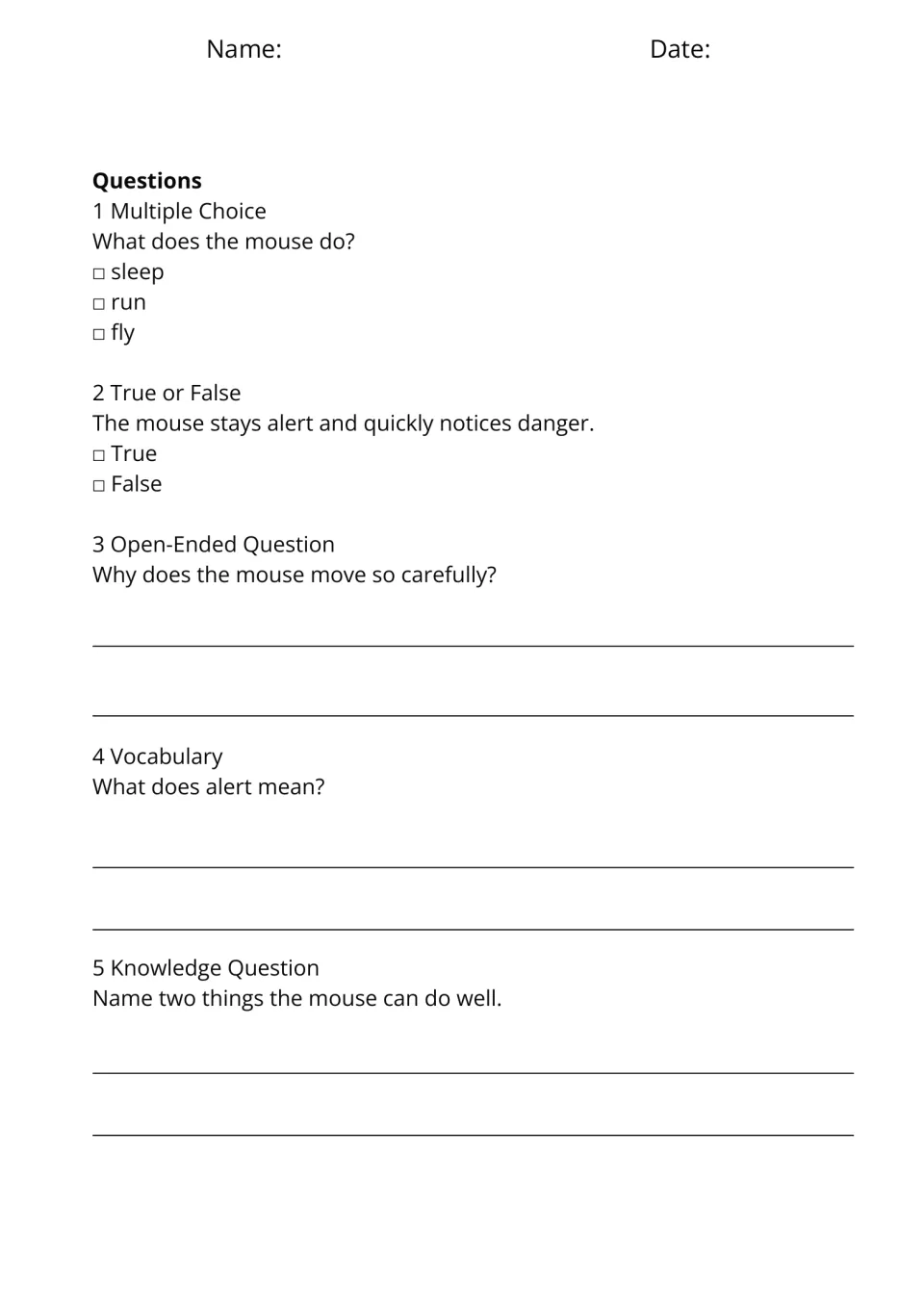Five questions for A Mouse Exploring ask about running, noticing danger, careful movement, and the word alert