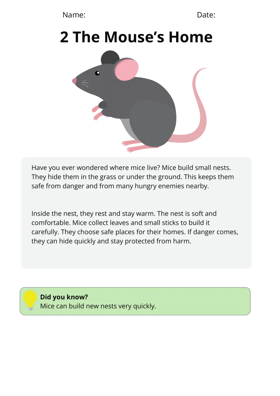 Passage 2, The Mouse’s Home, explains where mice hide nests, how they build them, and how nests keep them safe