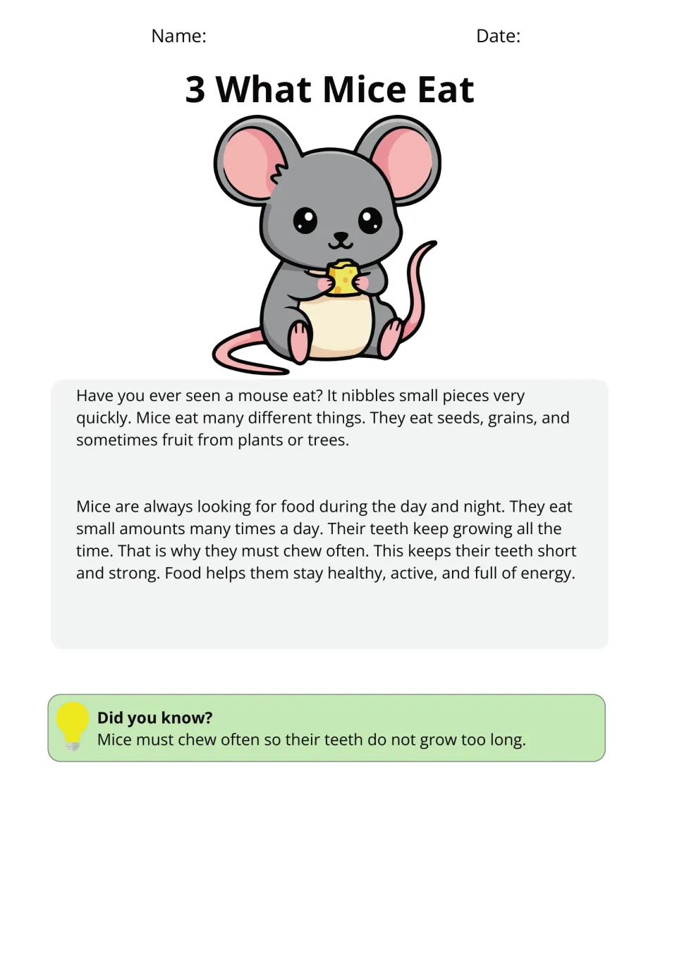 Passage 3, What Mice Eat, describes seeds, grains, fruit, frequent meals, and chewing to keep teeth short
