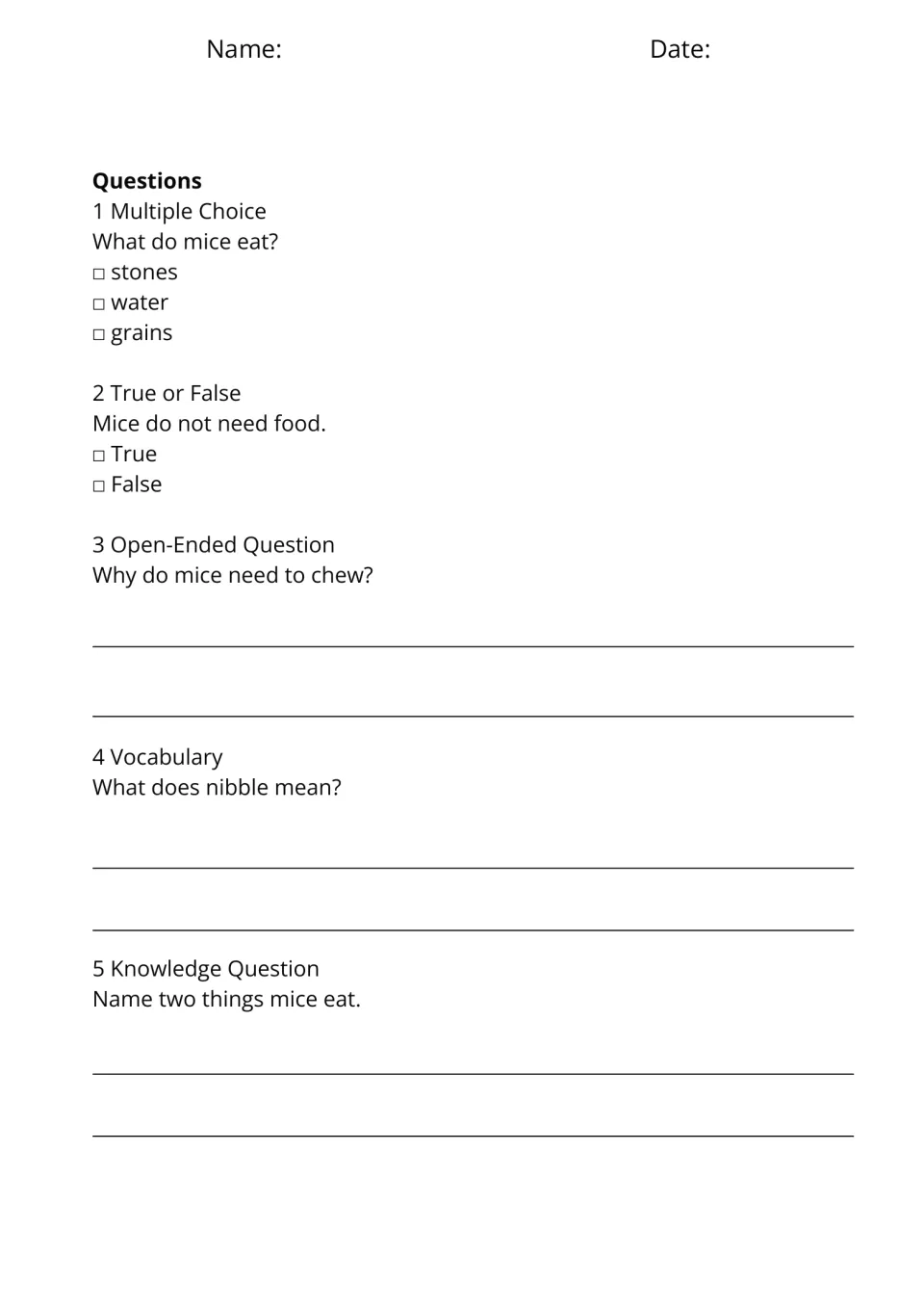 Five questions for What Mice Eat ask about foods mice eat, their need for food and chewing, and the word nibble