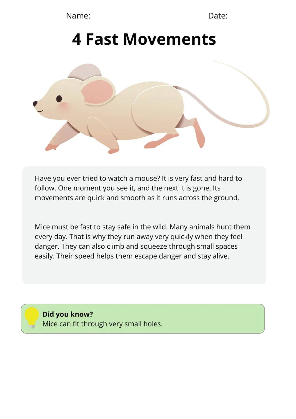 Passage 4, Fast Movements, explains how mice run, climb, and squeeze through small spaces to escape danger
