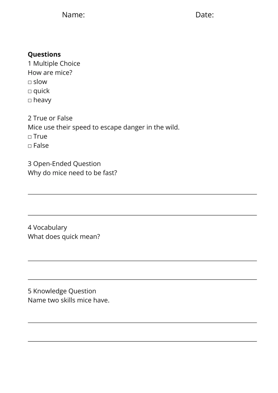 Five questions for Fast Movements ask about mouse speed, escaping danger, the word quick, and mouse skills
