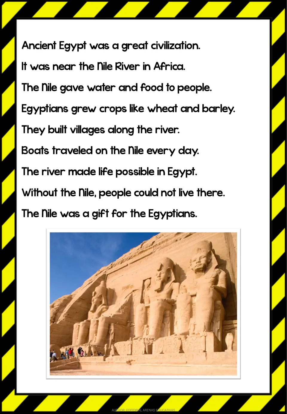 First reading passage explains how the Nile River supplied water, food, farming, and travel in Ancient Egypt