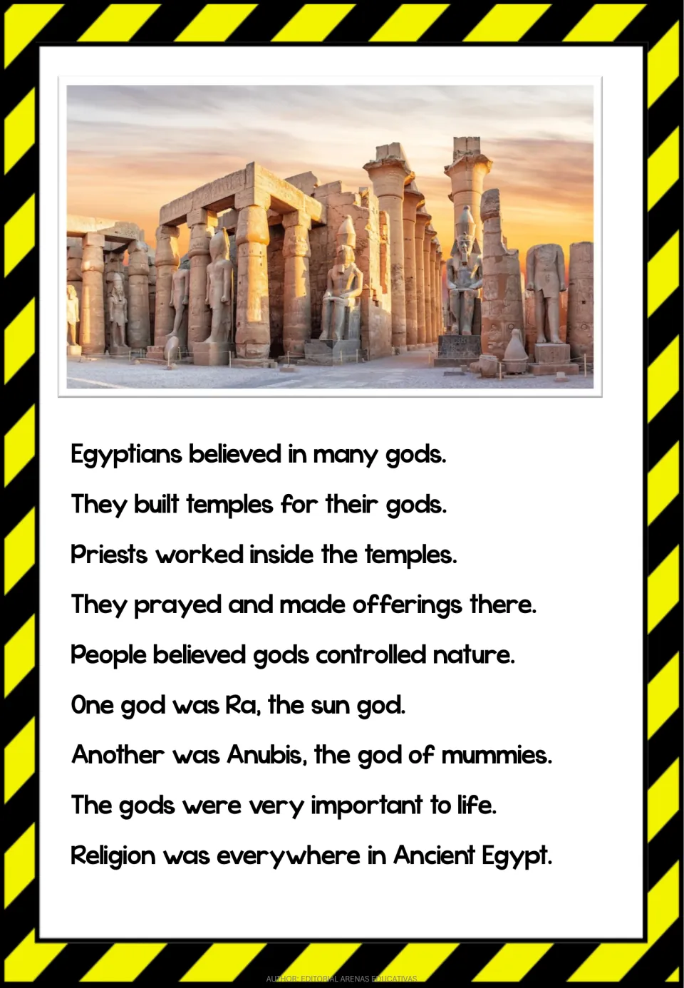 Third reading passage introduces Egyptian gods, temples, priests, offerings, Ra the sun god, and Anubis