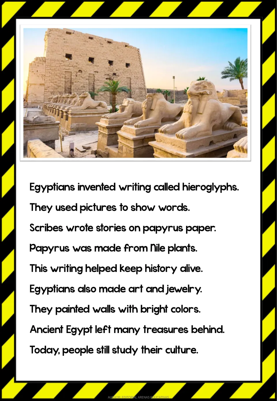 Fourth reading passage covers hieroglyphs, scribes, papyrus from Nile plants, and Egyptian art and jewelry
