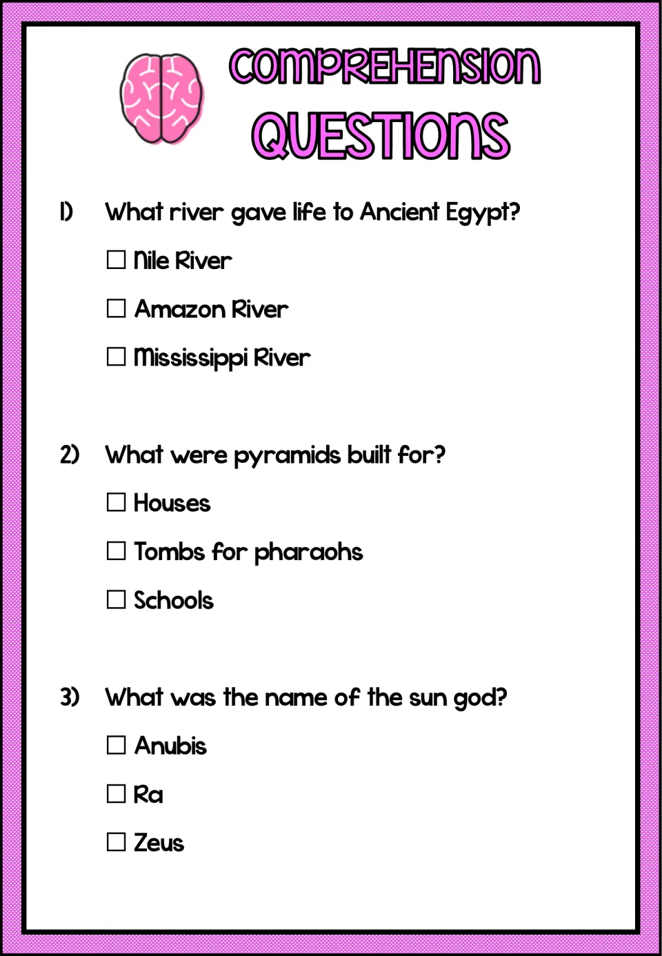 Three multiple-choice comprehension questions ask about Egypt's life-giving river, pyramid tombs, and sun god