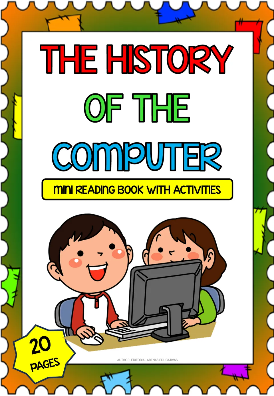The History of the Computer cover: a mini reading book with activities, showing two children working at a desktop computer