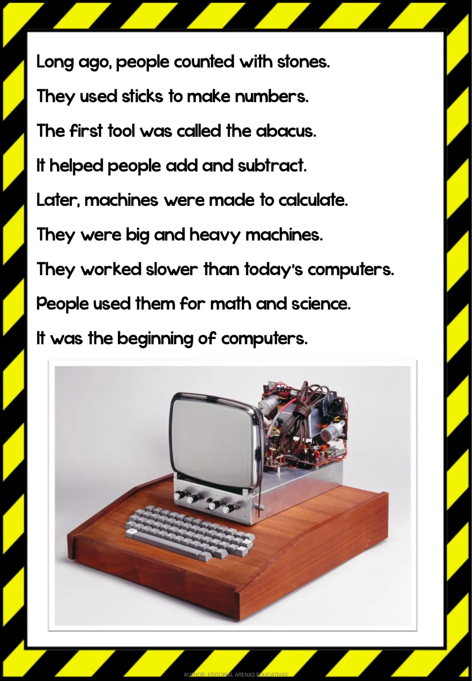 Early counting tools reading: students read about stones, sticks, the abacus and first calculating machines, with a photo