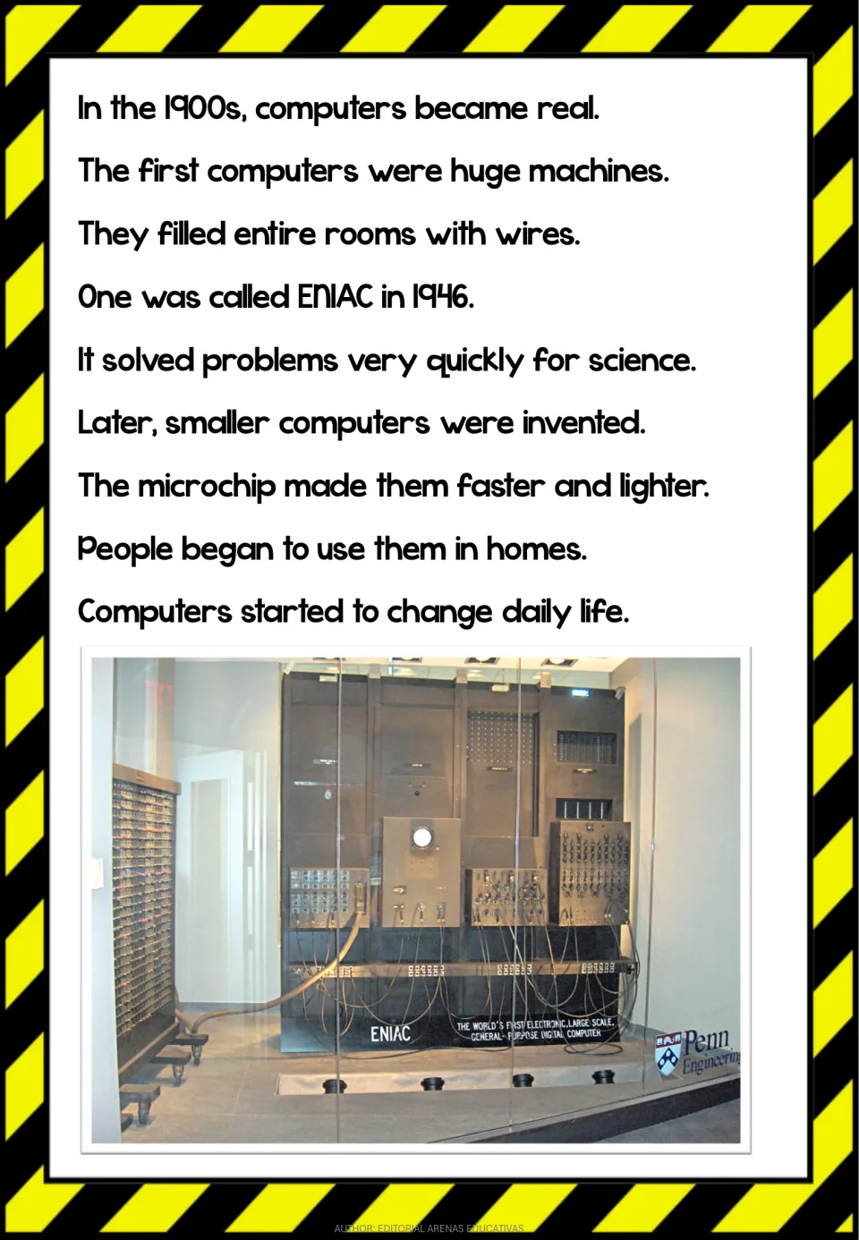 1900s computers reading: room-sized machines, ENIAC in 1946 and the microchip, with a photo of ENIAC on display