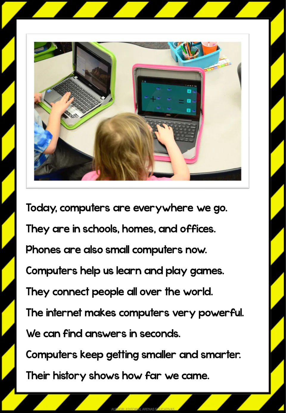 Computers today reading: schools, homes and offices, phones and the internet, with a photo of children using laptops