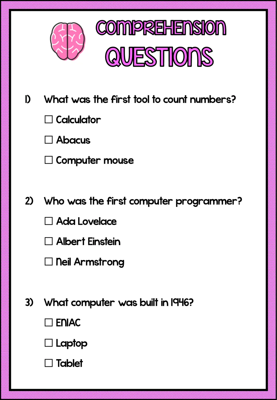 Comprehension questions: students tick answers on the first counting tool, the first programmer and the 1946 computer