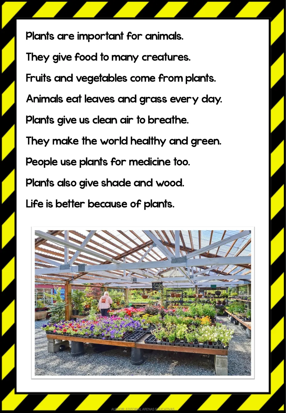 Plants reading passage, part 3: food, clean air, medicine, shade, and wood, with a plant nursery photo
