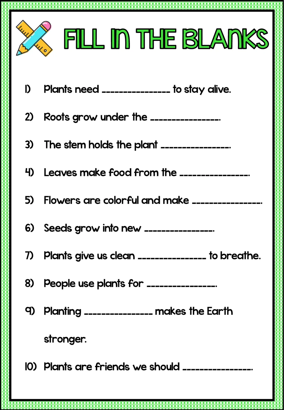 Ten fill-in-the-blank sentences review the plants passage on sunlight, roots, seeds, air, and plant care