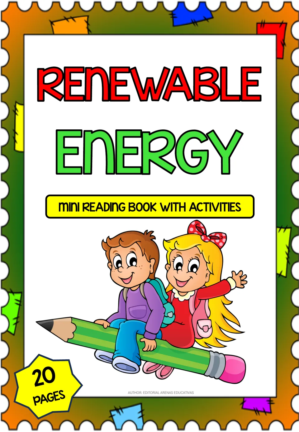 Topic cover labeled 'Renewable Energy' and 'Mini Reading Book with Activities,' identifying a 20-page book