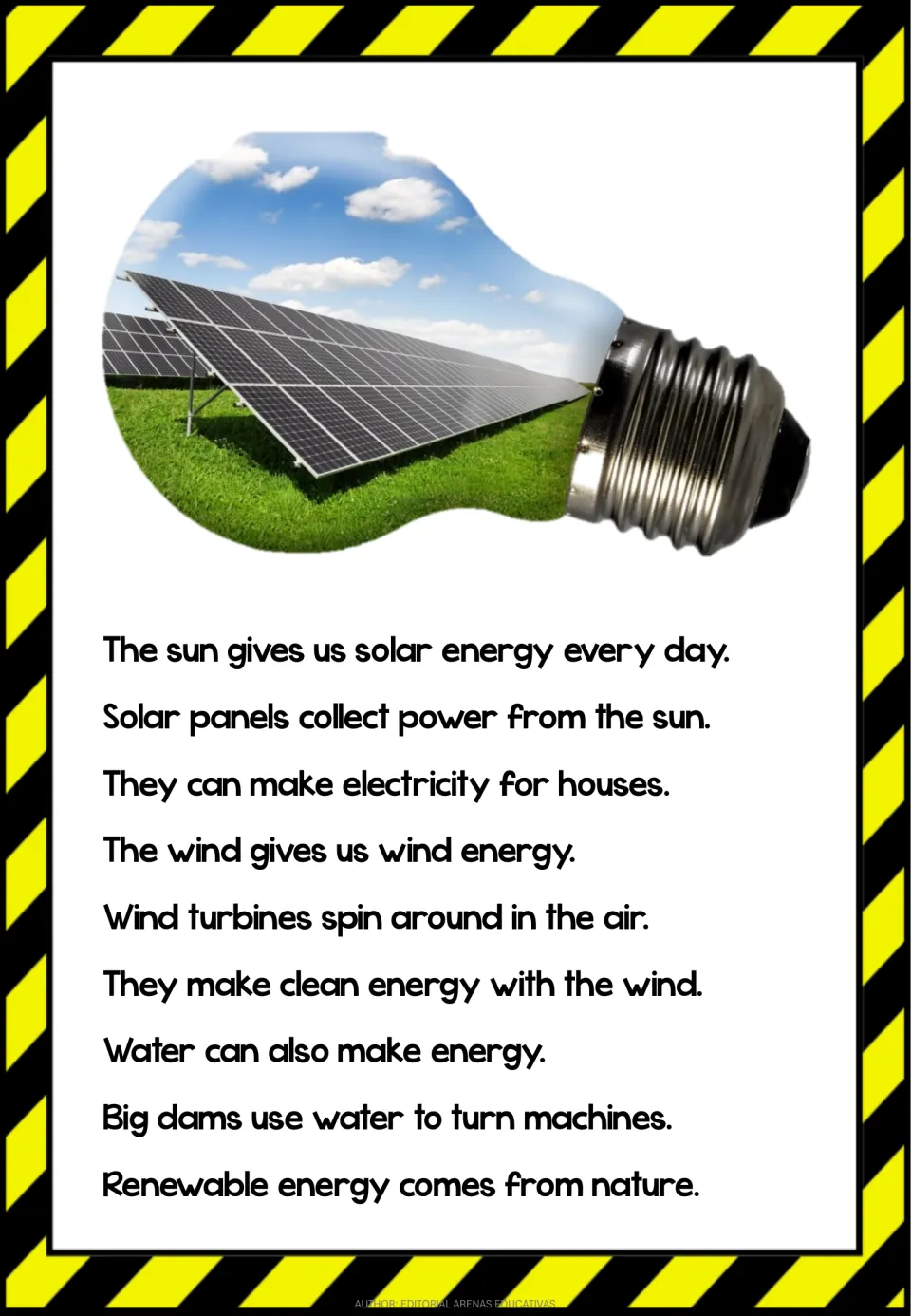 Reading passage, part 2: solar panels collect sunlight, wind turbines spin, and dams use water for energy