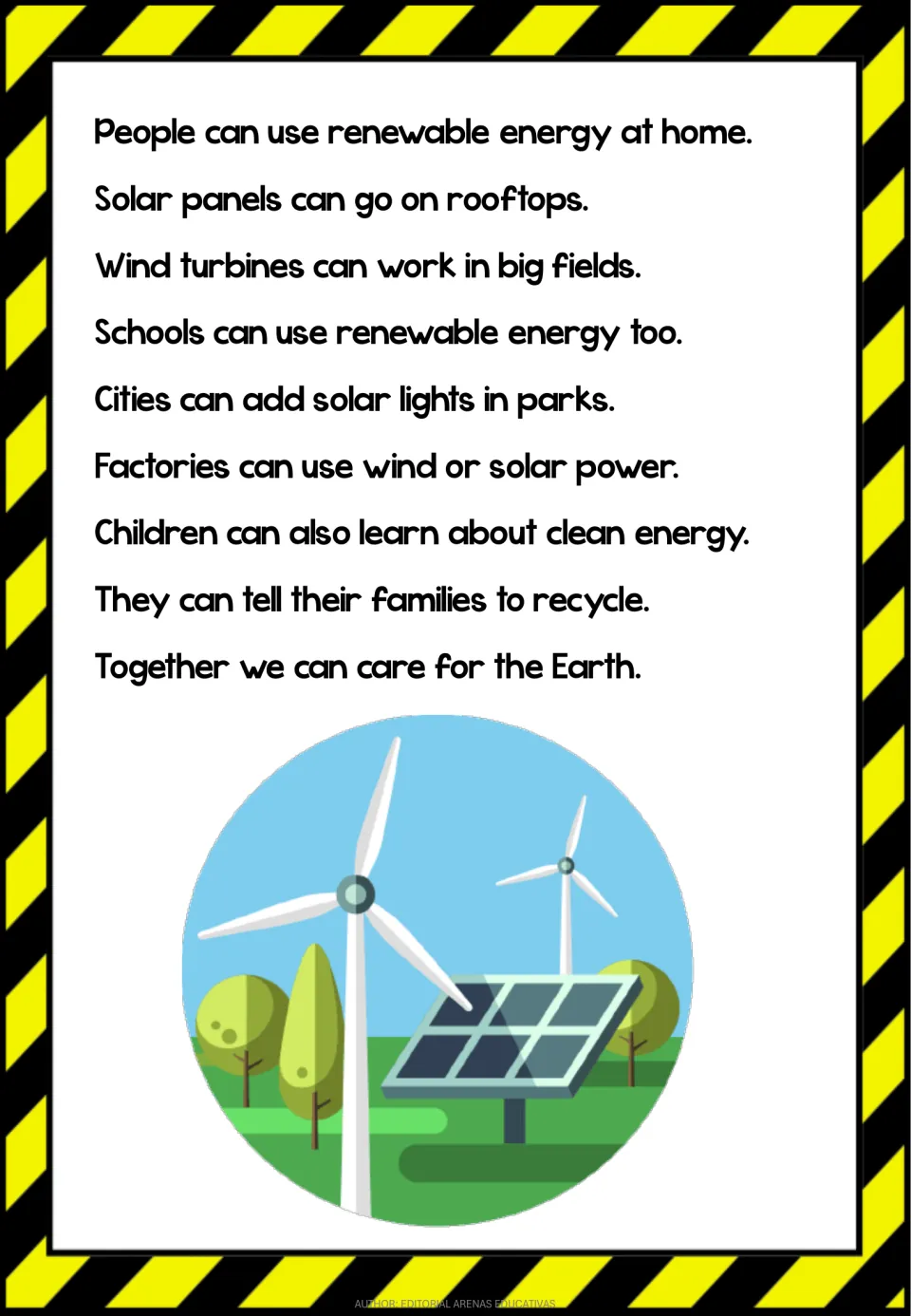 Reading passage, part 4: renewable energy at homes, schools, parks, and factories, plus caring for Earth