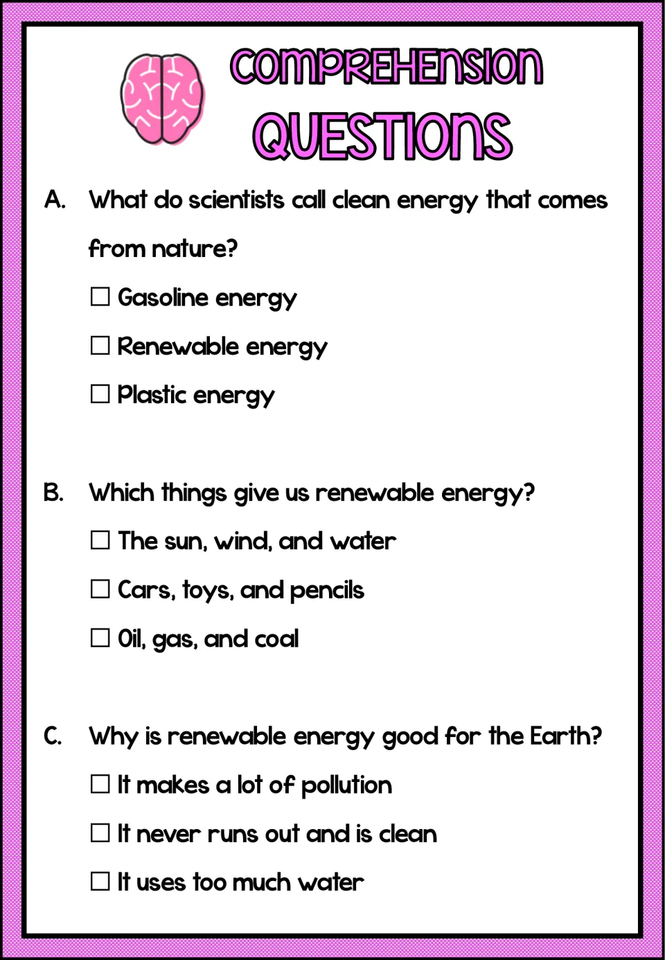 Three multiple-choice comprehension questions about renewable energy, its sources, and benefits for Earth