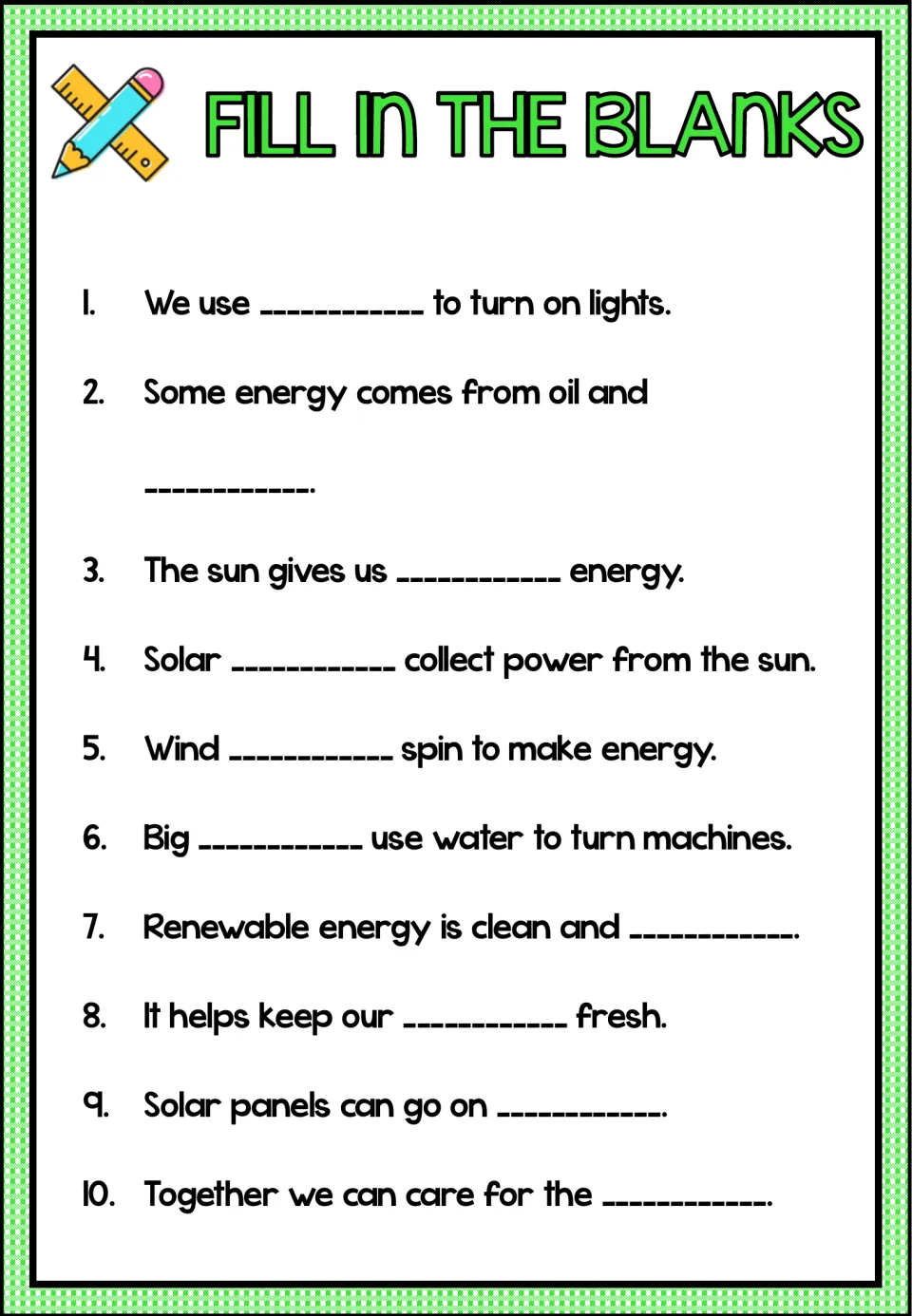 Ten fill-in-the-blank sentences revisit energy, gas, solar panels, wind turbines, dams, air, and rooftops