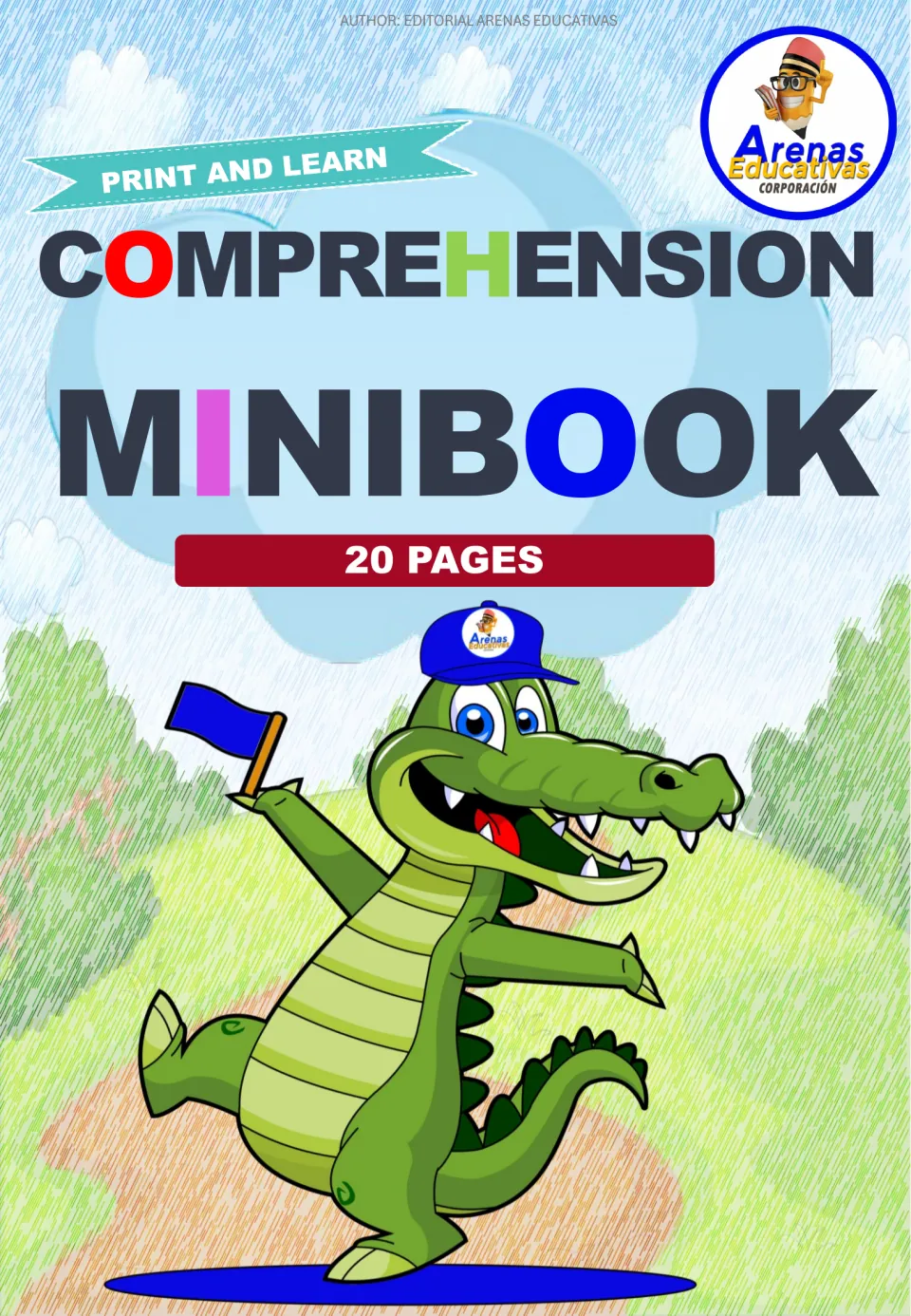 Comprehension minibook cover, 20 pages, with a cartoon crocodile in a blue cap waving a flag on a grassy path
