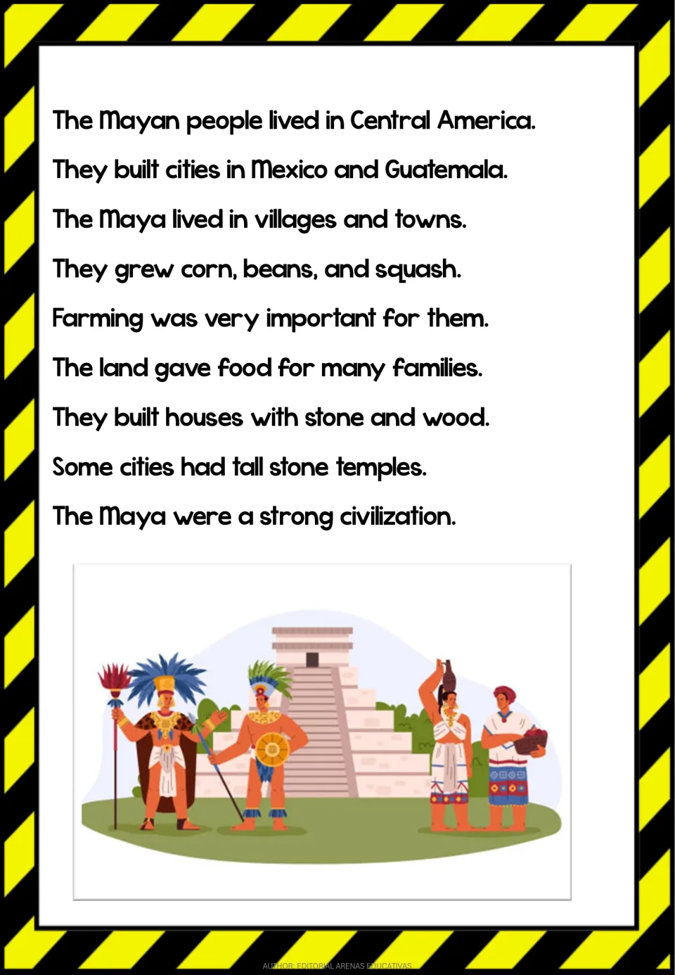 Mayan reading passage on where the Maya lived and farmed, with nine sentences and an illustration of people at a pyramid