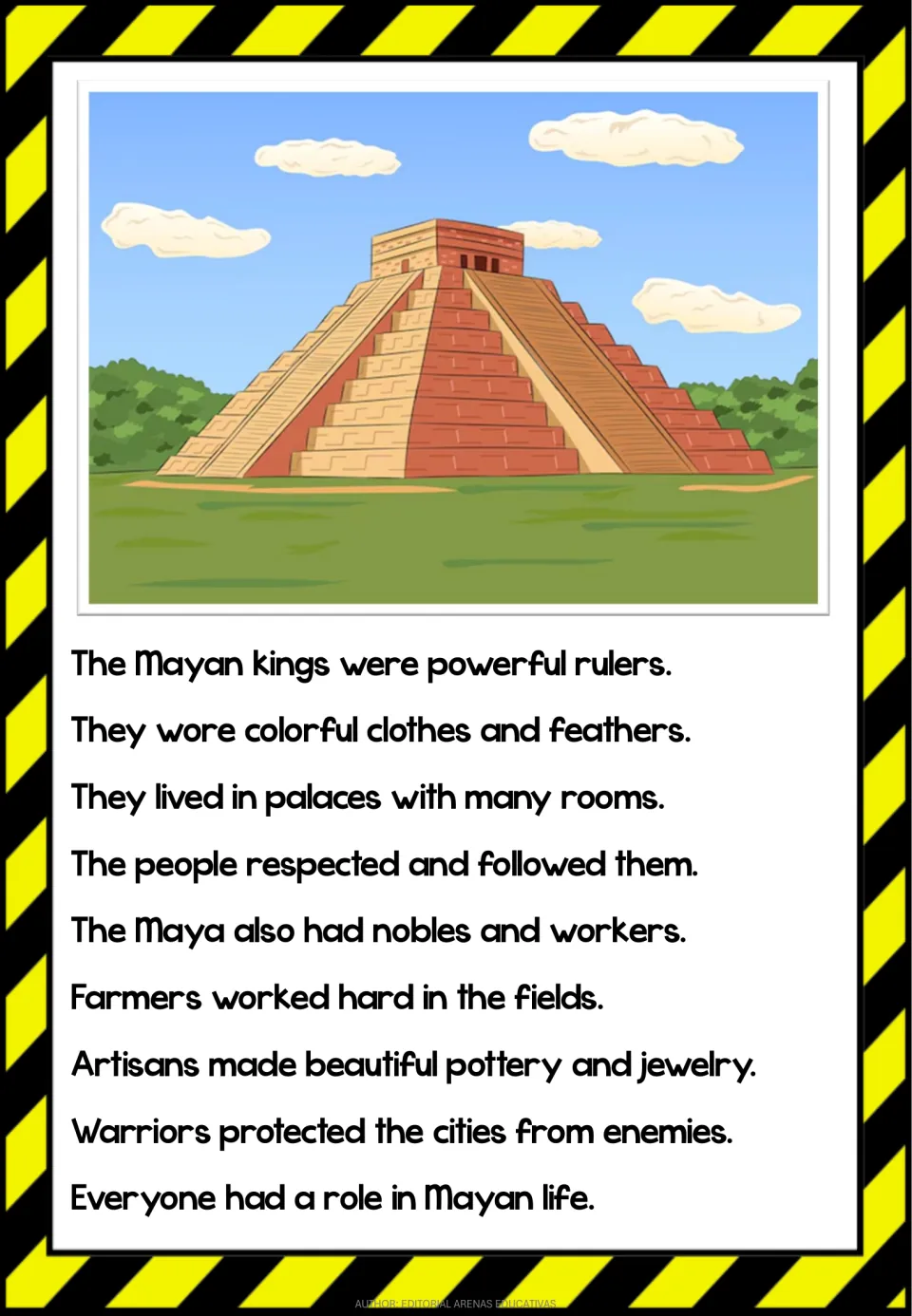 Mayan reading passage on kings, nobles, farmers, artisans and warriors, with nine sentences and a picture of a pyramid