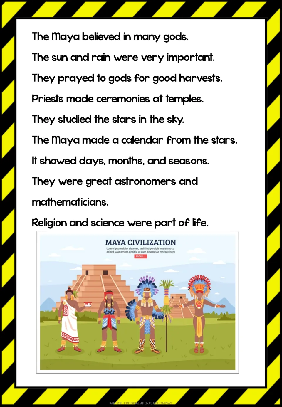 Mayan reading passage on gods, ceremonies, star study and the calendar, with an illustration of four Maya people