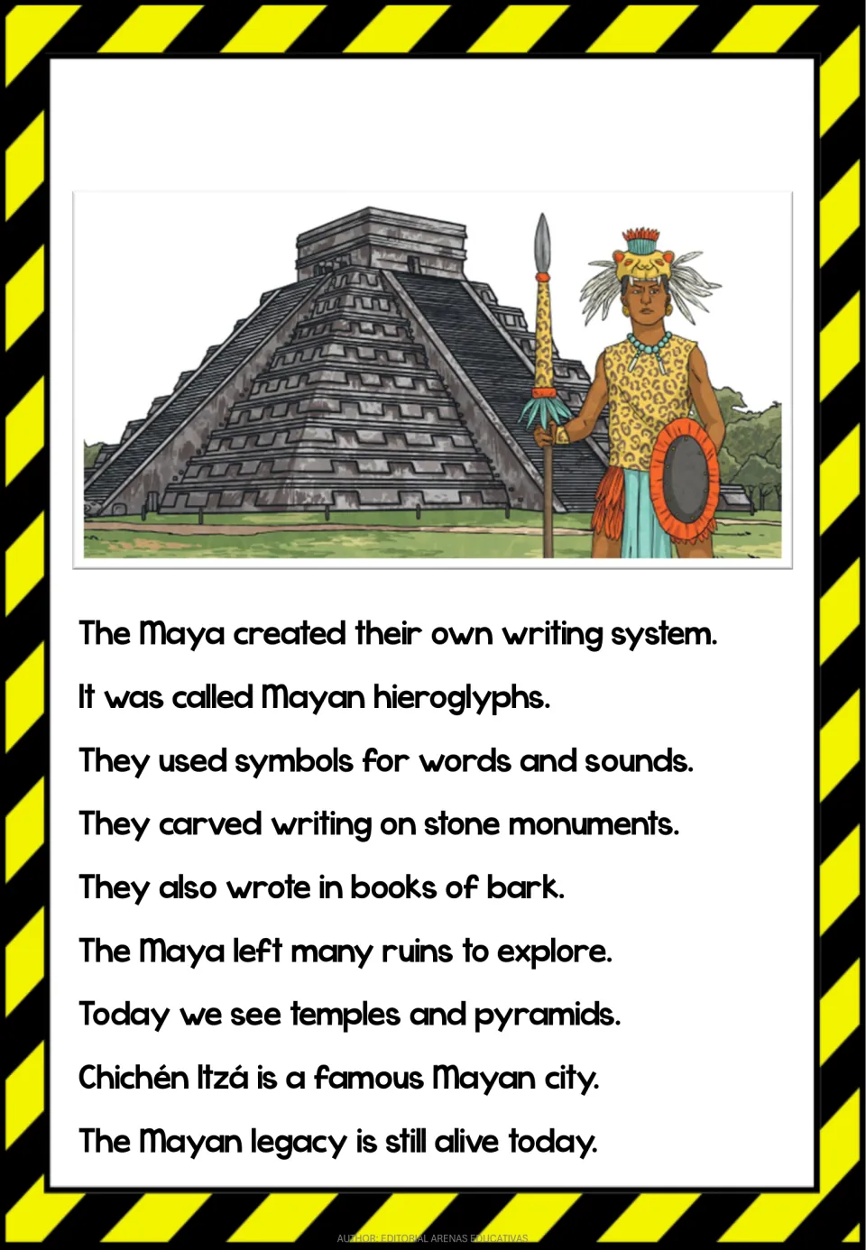 Mayan reading passage on hieroglyphs, bark books, ruins and Chichén Itzá, with a pyramid and a warrior illustration