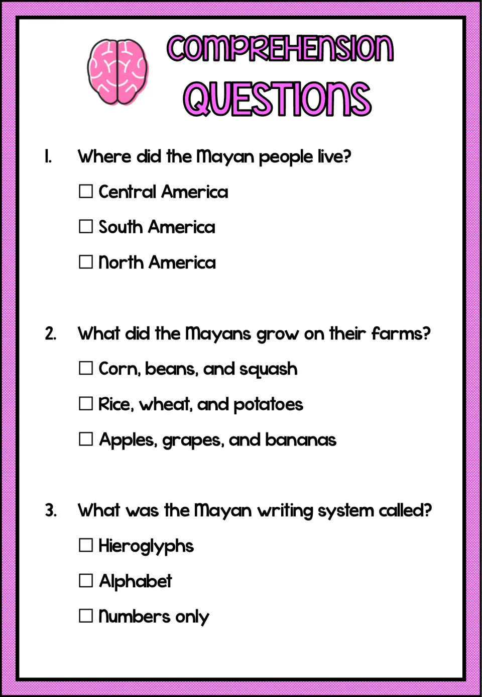 Comprehension questions: students tick answers to three multiple-choice questions on Maya homeland, crops and writing