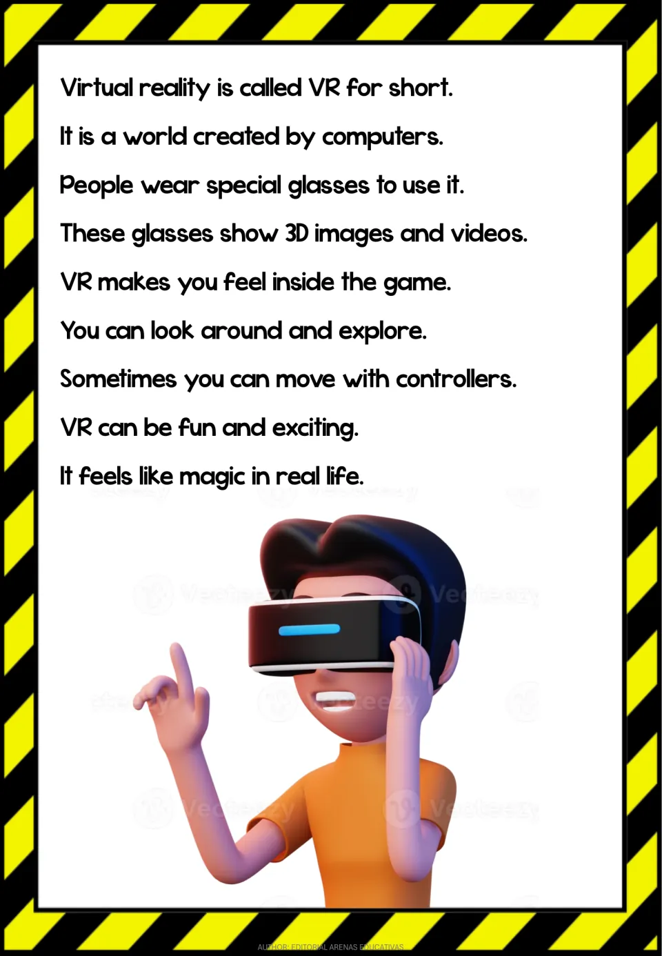 Mini book reading introduces VR as a computer-created world viewed through special glasses showing 3D images