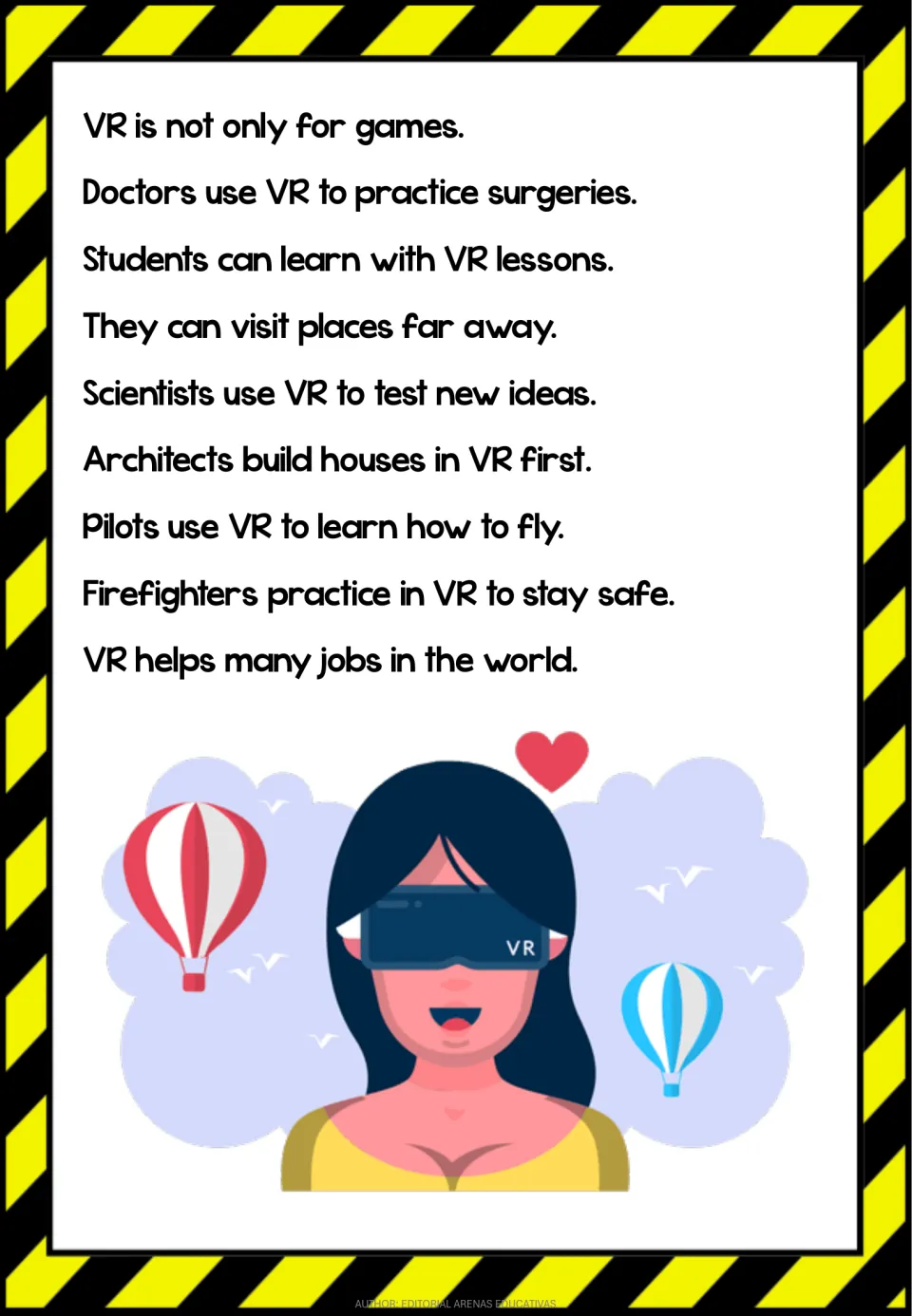 Mini book reading explains VR uses for doctors, students, scientists, architects, pilots, and firefighters