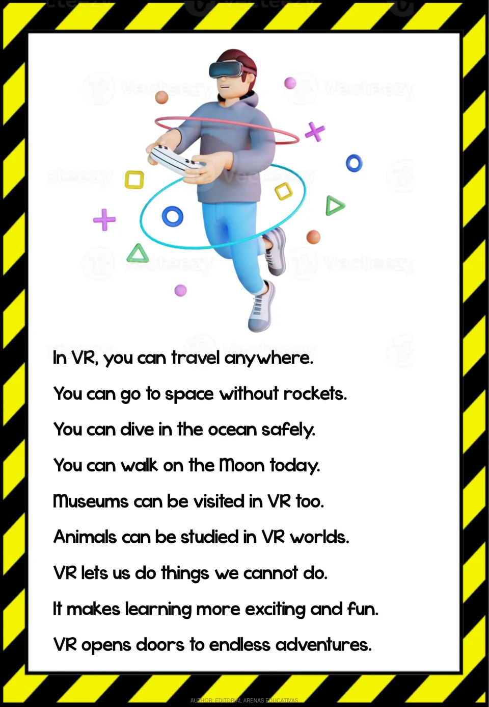 Mini book reading describes exploring space, the ocean, the Moon, museums, and animal worlds through VR