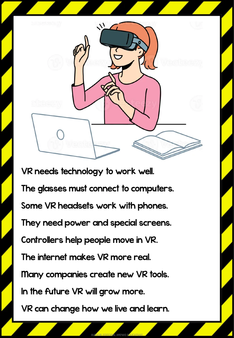Mini book reading covers VR technology: computers, phones, power, screens, controllers, and the internet