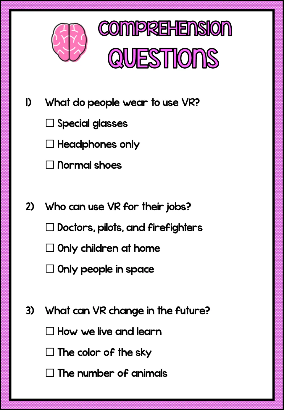 Three multiple-choice comprehension questions ask about VR glasses, jobs that use VR, and future changes