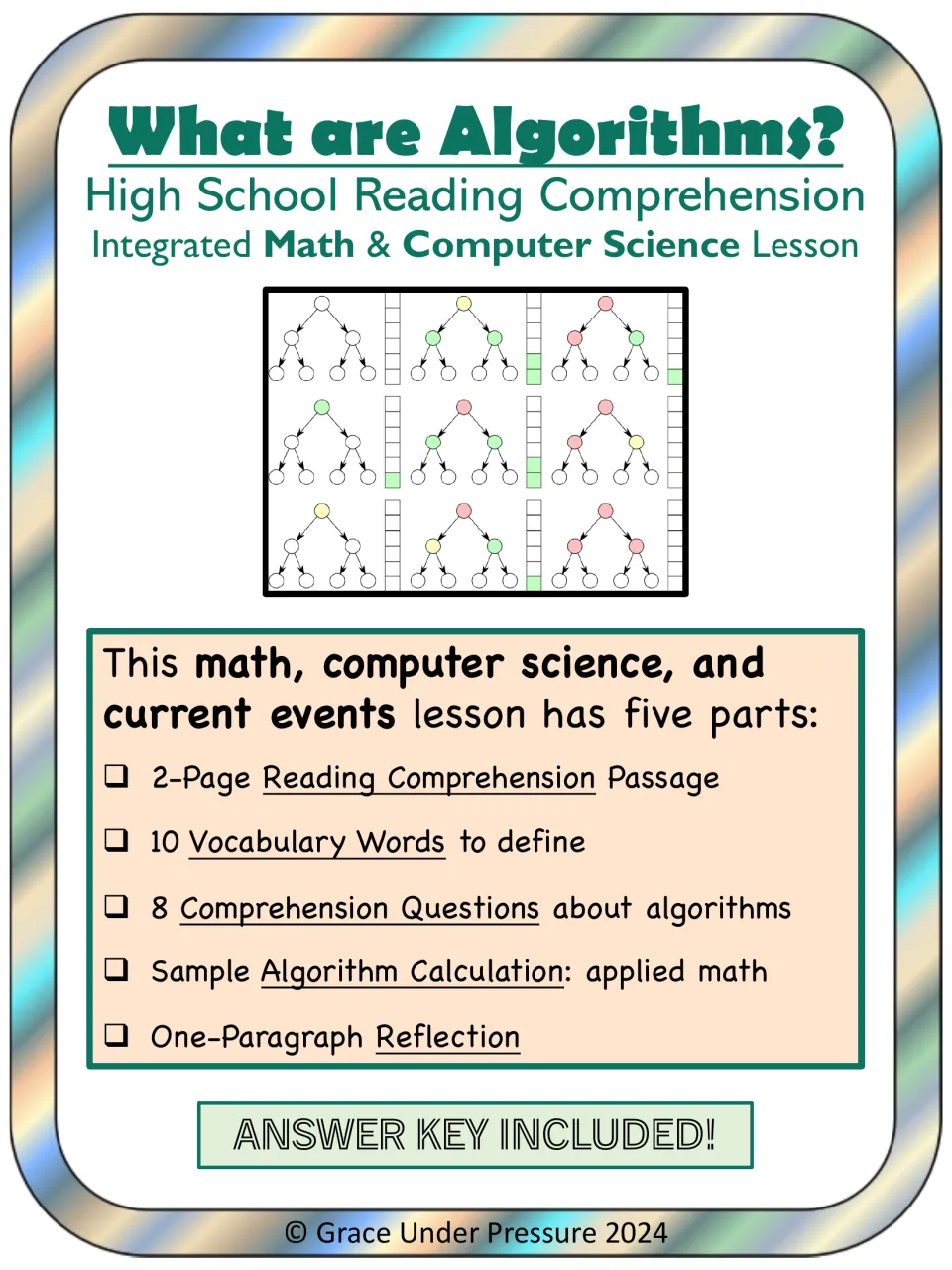 What are Algorithms? cover listing a 2-page passage, 10 vocabulary words, 8 questions, sample calculation and reflection