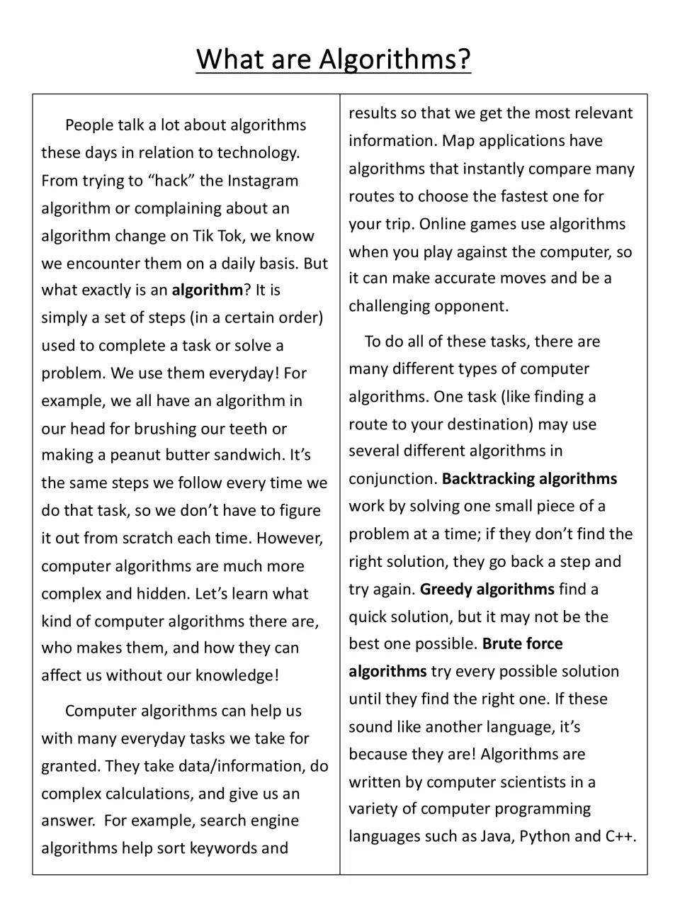 Algorithms passage, part 1: defines an algorithm, everyday uses, and backtracking, greedy and brute force types