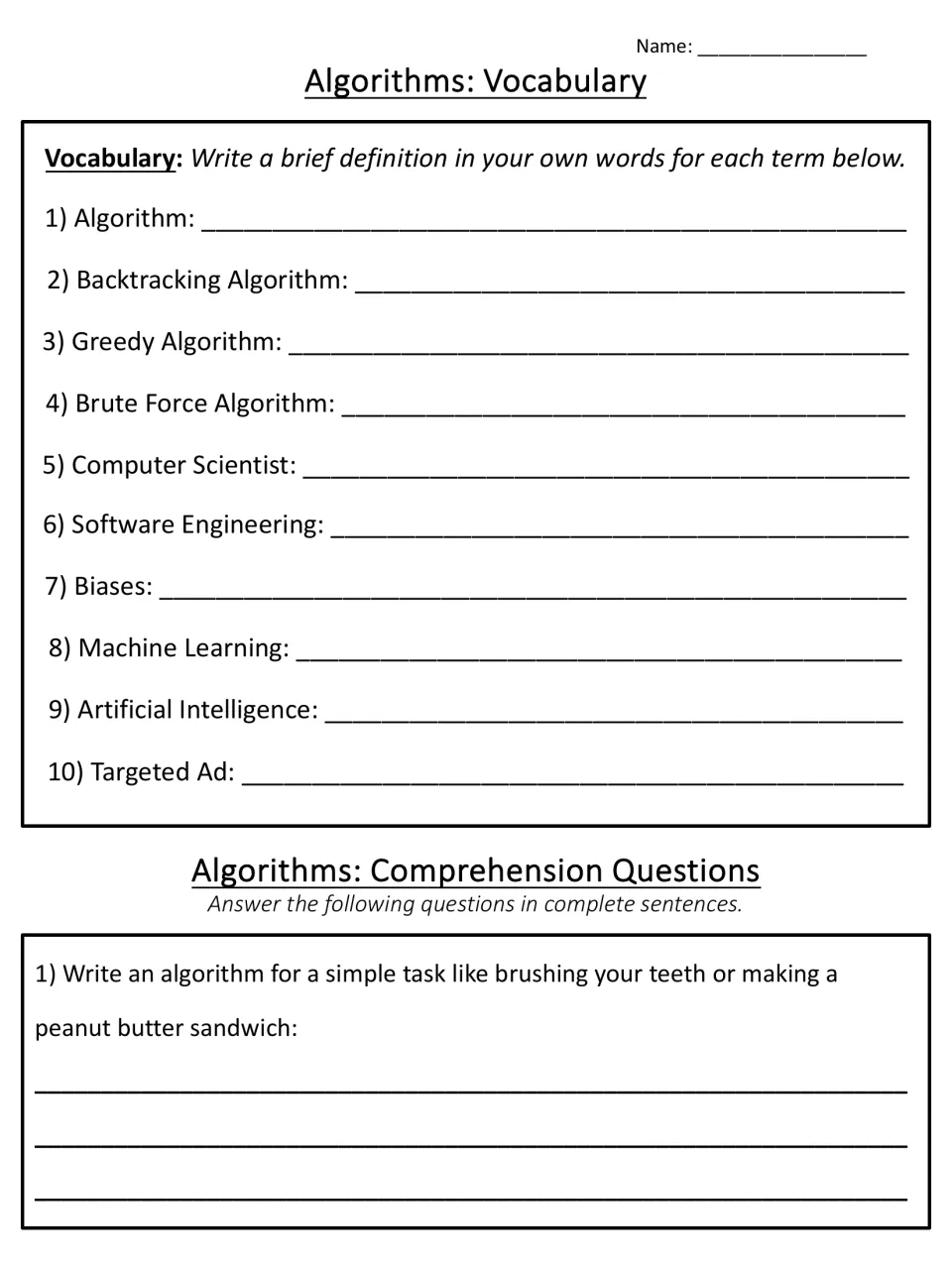 Algorithms vocabulary: students define 10 terms from the passage, then write the steps of a simple task as an algorithm
