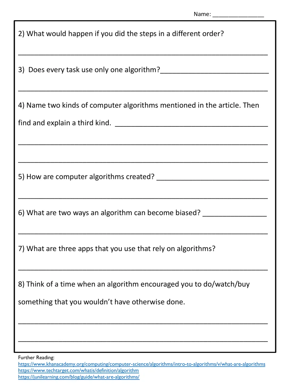 Comprehension questions 2 to 8 on step order, algorithm types, how algorithms are made, bias and apps students use
