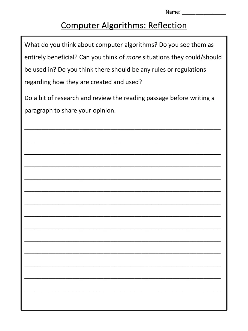 Computer algorithms reflection: students research and write an opinion paragraph on algorithm benefits and regulation
