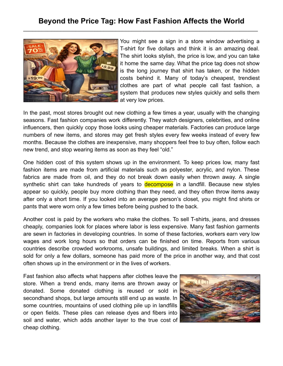 Fast fashion reading passage: students read about cheap clothing's hidden costs to the environment and garment workers