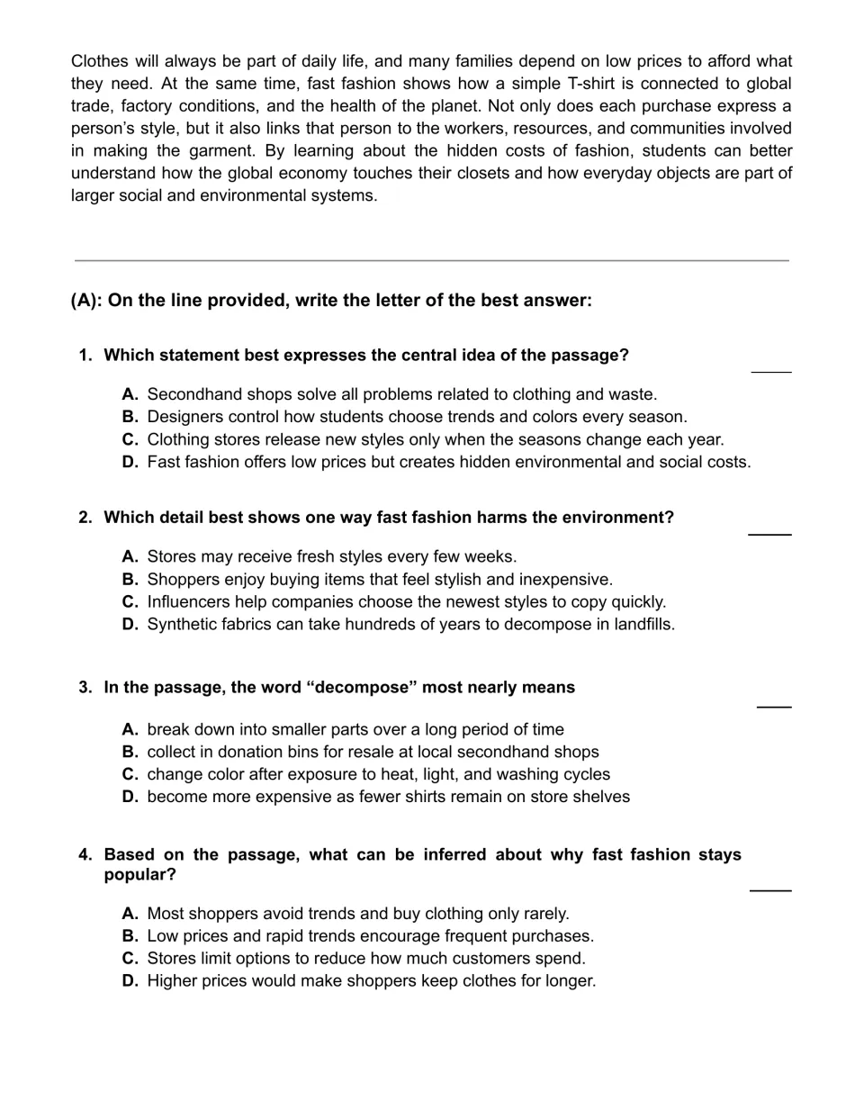 Fast fashion passage conclusion, then multiple-choice questions on central idea, key detail, word meaning and inference