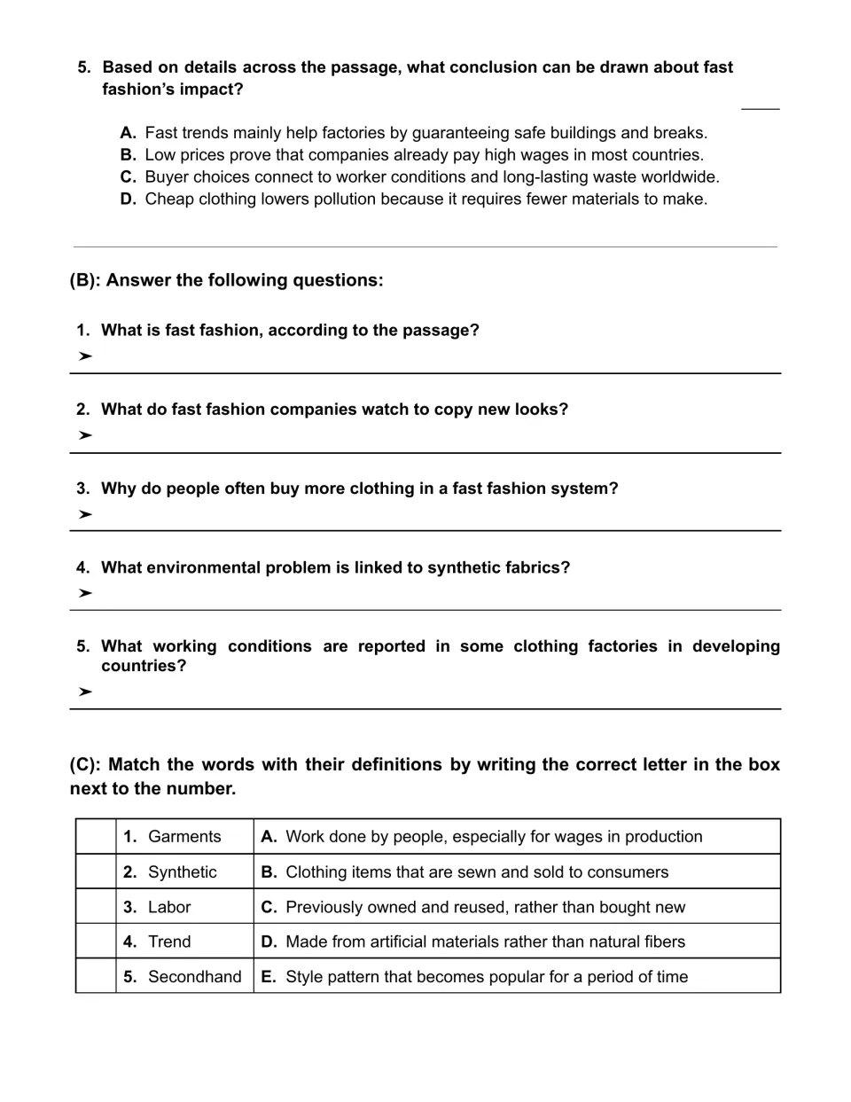 Fast fashion questions: drawing a conclusion, five short written answers, and matching five vocabulary words to definitions