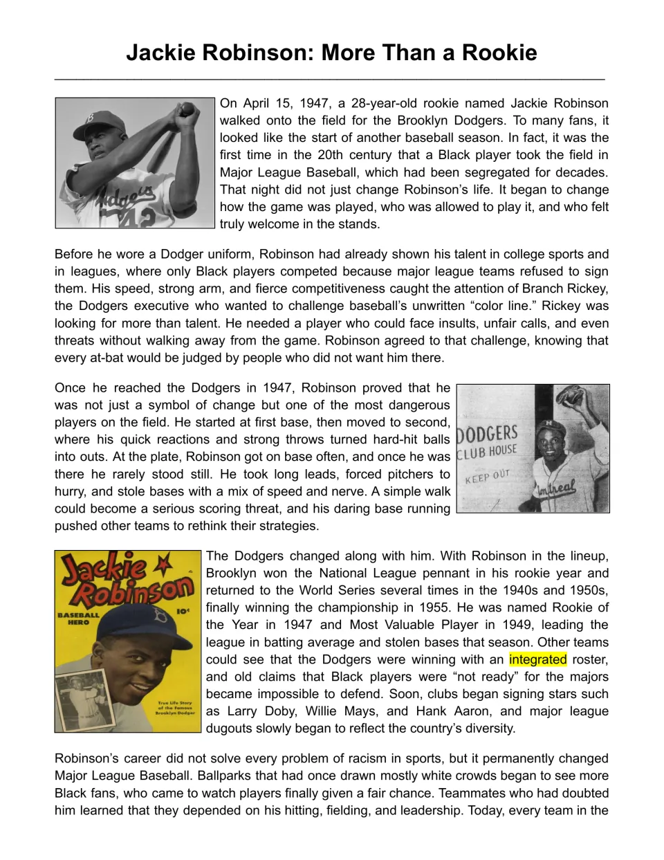 Reading passage opening: Jackie Robinson joins the Dodgers, faces racism, and changes baseball through his success